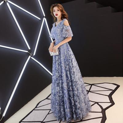 China New Design Breathable Prom Dresses Short V-Neck Purple Polyester Line Lace Ball Gown Floor Length Prom Dresses for sale