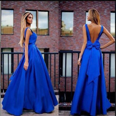 China Blue Sleeveless Shift Dresses Floor Length Prom V Neck Solid Color Polyester Casual Dresses Bodycon Breathable Bow for sale