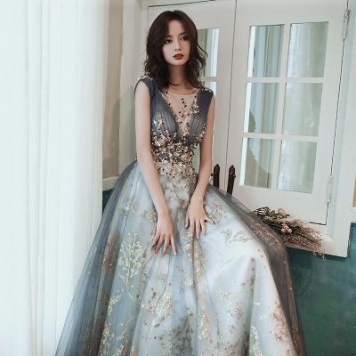 China Sleeveless Beading Prom Dresses Breathable Luxury Mesh Floor-Length A Line Polyester O-Neck Dresses Gray Ball Gown Prom Dresses for sale