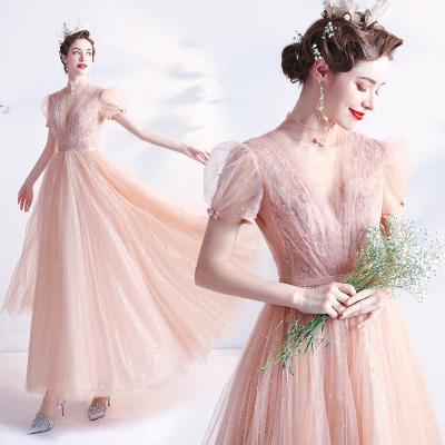 China Breathable Luxury V-Neck Backless Sequined Beading Dresses Lady A Line Pink Short Sleeve Princess Prom Dresses vestidos de novia for sale