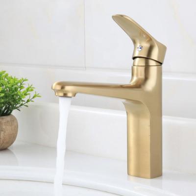 China Thermostatic Faucets Solid Gold Handle Single Hole Basin Faucet Brass Cold Water Deck Mounted Bathroom Sink Faucet Mixer Hot Brushed for sale