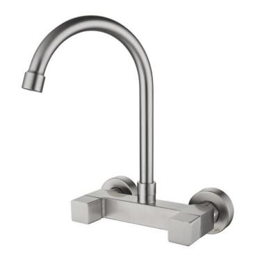 China Hot Cold Wash 304 Stainless Steel Double Handles Swivel To Spout Hot Cold Mixer Bathroom Faucet Brushed Nickel Kitchen Sink Wall Mounted Faucet for sale