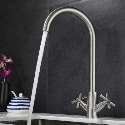 China Thermostatic Faucets Bathroom Dual Handles Deck Mounted Kitchen Sink Mixer 304 Stainless Steel Faucet Hot Cold Water Wash Faucet Brushed Nickel for sale