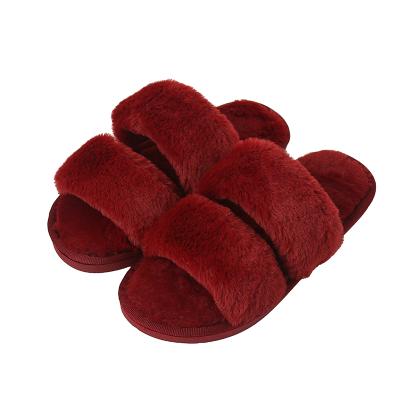 China Newest Fashion Trend Design Rabbit Fluffy Plush Slippers Non-slip Ladies Slips Fur Slippers Wine Red Hairy Slippers for sale