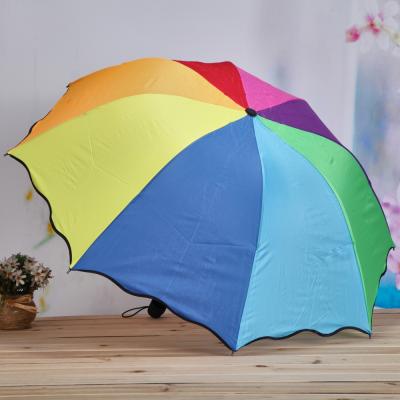 China Folding 2019 Baked Sun Umbrella Creative Painting Lotus Edge Decoration Black Rainbow Parasol Triple-fold for sale