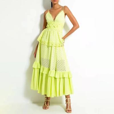 China Washable Vacation Ruffles Patchwork Halter Long Dresses For Women Solid Color Casual Outfits for sale