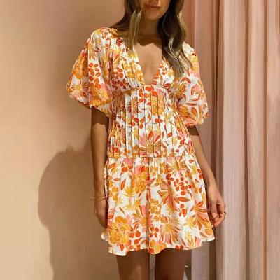 China New Style Washable V-Neck Sleeve Puff Floral Print High Waist Correction Short Dresses For Women for sale