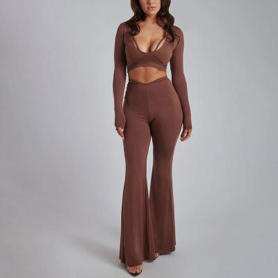 China Deep-V Neck Anti-Pilling Long Sleeve Crop Tops And Flare Long Pants Two Piece Set for sale