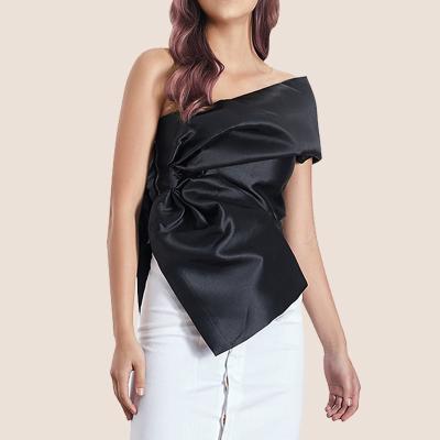 China Spring nine shoulder anti-pilling satin ruffles shirt for women elegant bow short blouse for sale