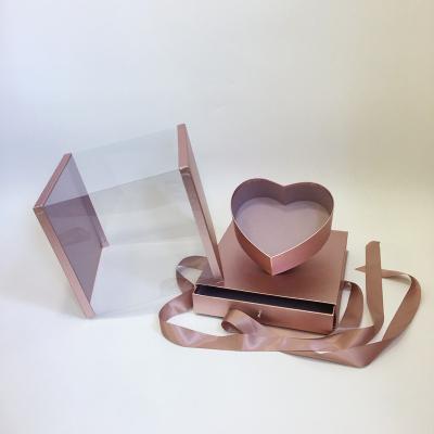 China New Recyclable Crystal Medium Panoramic Drawer Grid Large Transparent Craft Hangcheng PVC Tilting Heart Ribbon Bow Chocolate Flower Box for sale