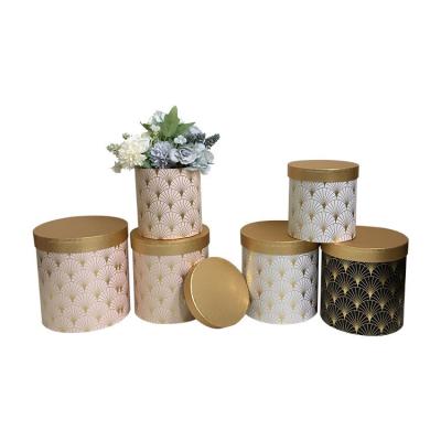 China Recyclable Oversized Round Size Flower Bucket Gold Braided Print Glossy Eternal Life Flower Box Paper Gift Packaging Box In Stock for sale