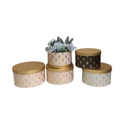 China Hangcheng craft size gold lid feather recyclable round dwarf fan printed flower gift box paper bucket new mini beautiful in stock for sale