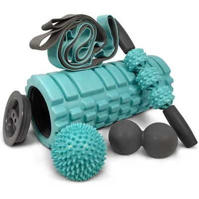 China EVA 5 in 1 Foam Roller Yoga Sets Include Hollow Core Massage Roller Muscle Roller Stick Stretching Strap and Massage Foot Ball for sale