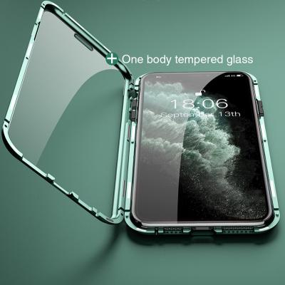 China 360 Degree Anti-drop Front and Back Adsorption Transparent Strong Magnetic Metal Cover Tempered Glass Bumper Case for iPhone 12 11 for sale