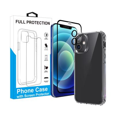 China Light Weight For iPhone 12 11 3D Silkprint Camera Lens Protector + 3D CAG Screen Protector Glass PC + TPU Mobile Phone Case Set for sale