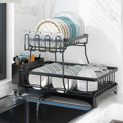 China Sustainable 2 Tier Kitchen Countertop Removable Dish Drying Rack Rack With Unique 360 ​​Swivel Spout Drainer Cutlery Cup Holder for sale