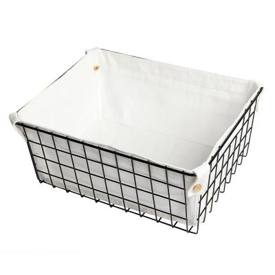 China Decorative Iron Art Black Metal Wire Modern Household Basket With Canvas Bag for sale