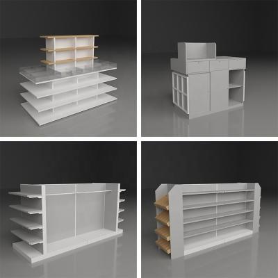 China Customized wooden double sided supermarket shelves shopping mall display stand shop design retail window display racks for sale