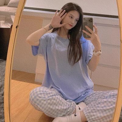 China QUICK DRY pajamas Korean women's plaid CIA version spring and summer net red the same short-sleeved pants casual home clothes for sale