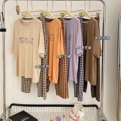 China Japanese and Korean Rabbit Short Sleeve Plaid Loungewear Female Suit Bedroom Plaid Thermal Pajamas Pants Can Be Tracksuit Homewear for sale