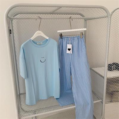 China 2023 Summer Smiley Face Korean Style Breathable Home Wear Korean Dongmen Long Plaid Shorts Casual Transparent Pajamas Suit for sale