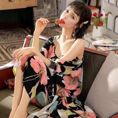 China Popular Women's Autumn Summer Suspender Pants Kimono Homewear Sleepwear Three-Piece Set QUICK DRY Pajamas for sale