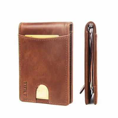 China Hot Sale Slim Leather RFID Blocking Credit Card Holder Case for Men and Women with Bill Clip for sale