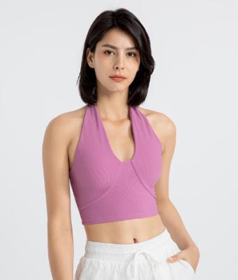 China Breathable NEW STOCK 5Colors Women Fitness Vest Drawstring Tank Top Scrunch Yoga Bra Hanging Neck Sports Bra for sale