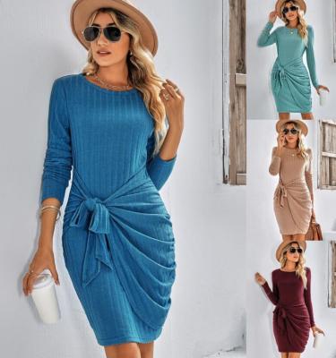 China Anti-Static 2023 STOCK 4Colors Long Sleeve Round Neck Tie Dresses Women Warm Hip Wrap Dress for sale