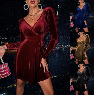 China Anti-Static STOCK Elegant Women Clothing V Neck Dress Simple Long Sleeve Winter Loose Sexi Evening Party Velvet Dress for sale