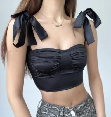 China QUICK DRY JUST ARRIVALS STOCK 4Colors Long Ties Ruffles Sleeve Crop Top Sexy Ladies Bow Tie Strap Ruched Tank Tops for sale