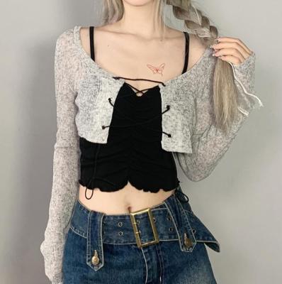 China QUICK DRY Hot Sales STOCK Long Sleeve Lace Up Tank Tops Two Pieces Sexy Girls Lovely Crop Top for sale