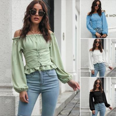 China Anti-pilling STOCK High Quality Women Clothing Blouse Crop Tops Off Shoulders Chiffon Blouses Shirt for sale