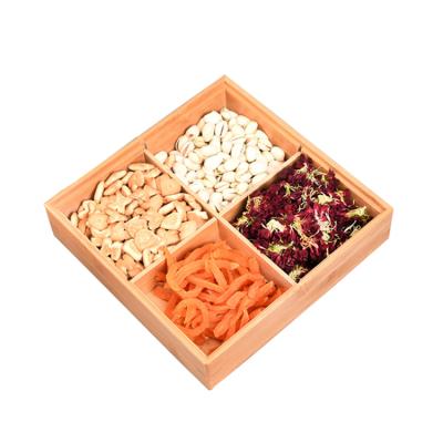 China Sustainable Dried Bamboo 4 Divided Dish Fruit Storage Portion Dried Tray With Lid And Compartment for sale