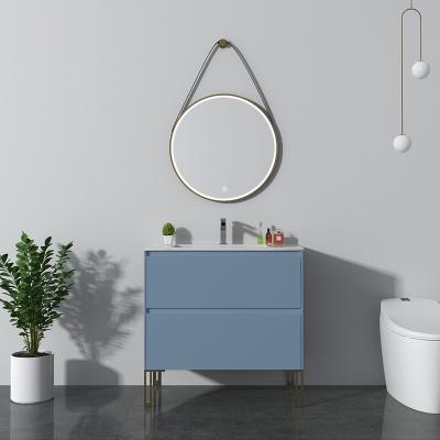 China Fashion Factory Panel Bathroom Cabinet Modern Vanity Green Paint Wood Floor Standing Modern Vanity Metal Leg Belt Mirror WC Basin for sale