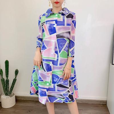 China 2023 Summer New Viable Temperament Large Size Coat Pleat Belly Cover Slimming Dress Shirt Mid Length Female Printed for sale