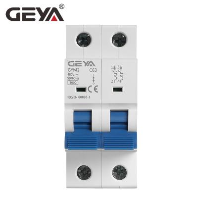 China GEYA GYM2/MCB Miniature Din Rail 2Poles C63 Circuit Breaker Double Pole AC DZ47 China Manufacturer OEM MCB 4.5KA/6KA for sale