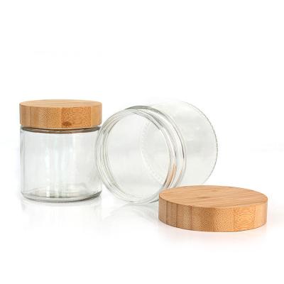 China Face Cream Wide Mouth Container 300ml 10oz Glass Food Storage Jars With Bamboo Lid for sale