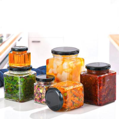 China Wholesale 50ml 80ml 100ml 200ml 280ml 380ml 500ml 730ml Clear Square Honey/Jam/Pickle Glass Jars for Jam Pickle Honey with Metal Lids for sale