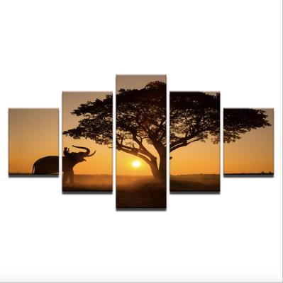 China Modern Dusk Nature Modern Grassland With Elephant Decor Wood Stretched Wall Art With Waterproof for sale