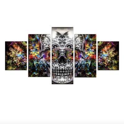 China Modern Multi Piece Art Painting Skull Head Canvas Decorative 5 Panel Unframed Print For Club Decoration for sale