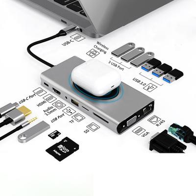 China Aluminum+ABS 15 in 1 USB USB C Hub to HD MI 4K* 2K@30Hz, VGA, RJ45, 3.5mm Audio, USB2.0, 3.0, Type C, SD, TF Card Slots , palladium wireless charger for sale