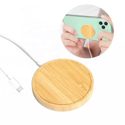 China 15W Portable Magnetic Wireless Fast Charger LED Logo Mobile Phone Pad Custom Bamboo Charger for sale