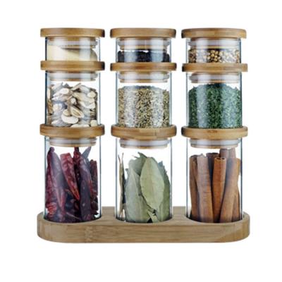 China Easylife 9Pcs Modern Borosilicate Glass Condiment Jar with Stackable Bamboo Lid and Tray for sale