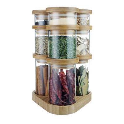 China EasyLife 9pcs Modern Borosilicate Glass Spice Jar Set with Airtight Bamboo Lid and Rotating Tray for sale