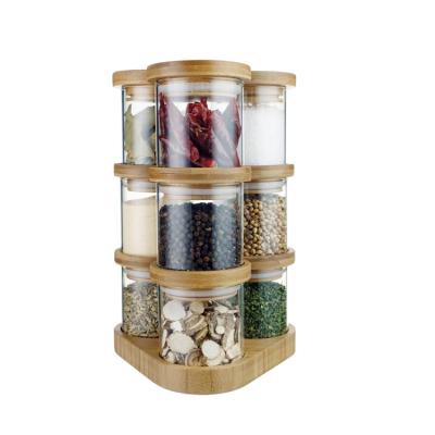 China Easylife 9Pcs CLASSIC Borosilicate Glass Spice Jar with Airtight Bamboo Lid and Rotating Tray Glass Spice Jar for sale