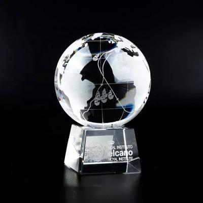 China Europe Hot Sale Customized K9 Crystal Glass World Globe Stand On Engraved Cube Base for sale