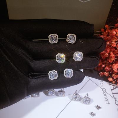 China Romantic S925 Iced Out Baguette CZ Stud Earrings Square Zirconia Earring Women Silver Bling Jewelry for sale