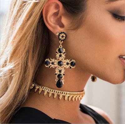 China BOHEMIA 2020 Hot Selling Unique Female 18K Gold Dangle Water Drop Earrings Vintage Cross Black Crystal Earring for sale