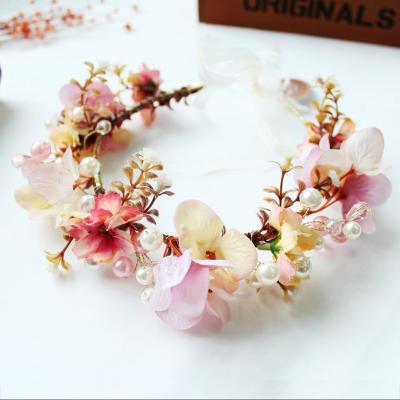 China Bridal Hair Fairy Garland Girl Head Floral Tiara European and American Style Gifts Wedding Bohemian Accessories Flower Pearl Crown for sale